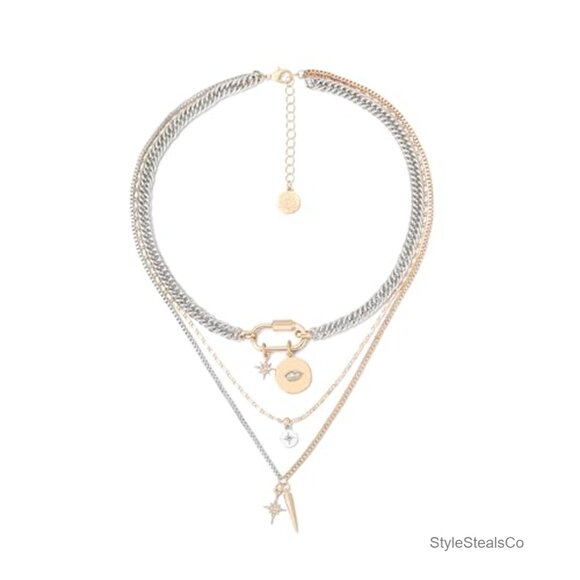 3-Piece Mixed Metal Layered Necklace Set with Evil Eye & Star Charms - Picture 5 of 6